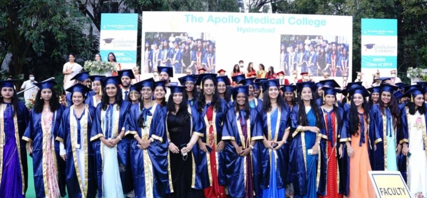 KNRUHS Vice Chancellor, Prof Karunakar Reddy, presents   graduation certificates to MBBS students of Apollo Medical college